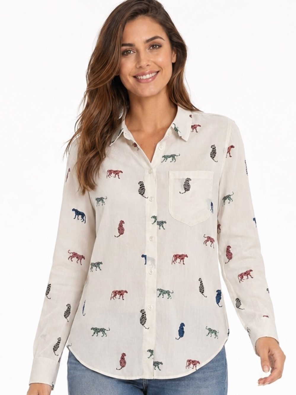 Rails Kathryn Multi Wild Cats Button Down Blouse SMALL Long Sleeve Classic Chic